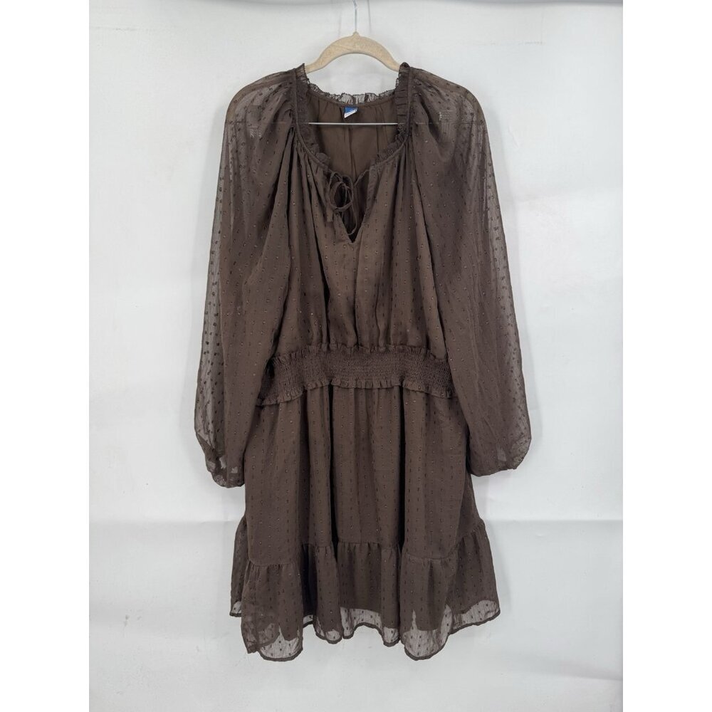 Old Navy‎ Plus Size Dress Women 2X Brown Sheer Smocked Waist Ruffle Peasant